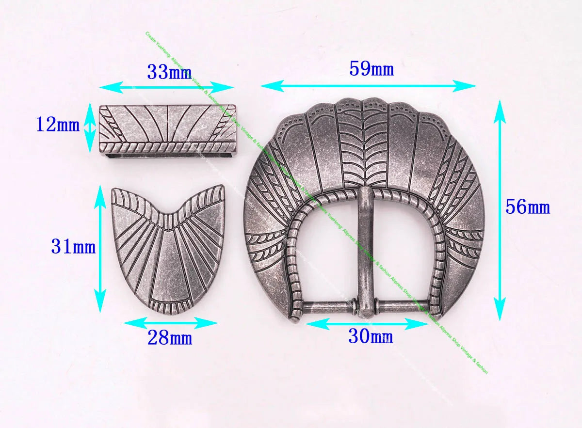 3-Pc Set Antique Silver 30mm Western Flower Belt Buckle for Men DIY Leathercraft