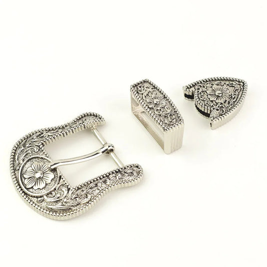 30mm Vintage Carved Leather Craft Belt Buckle Set - Antique Silver (3-Pcs)
