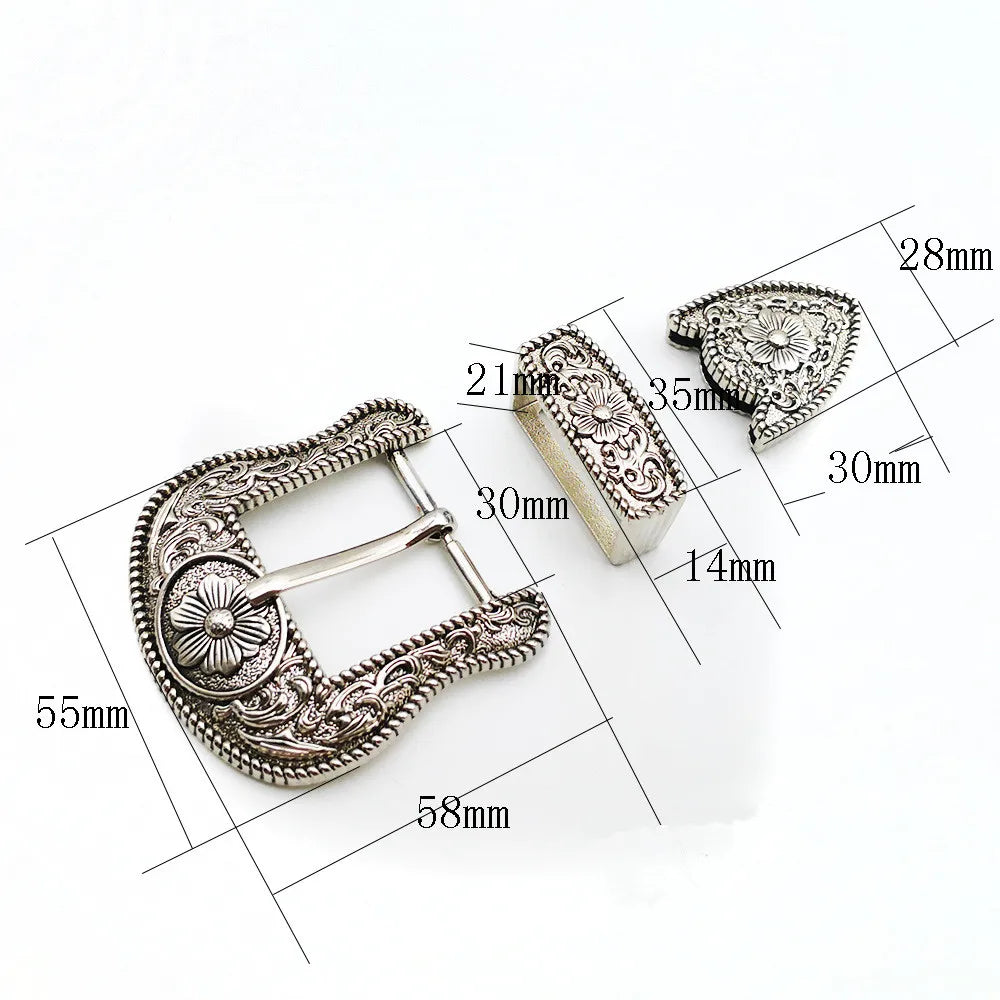 30mm Vintage Carved Leather Craft Belt Buckle Set - Antique Silver (3-Pcs)