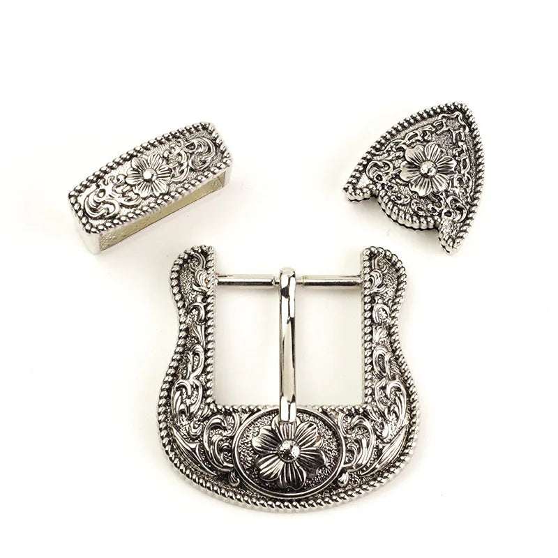 30mm Vintage Carved Leather Craft Belt Buckle Set - Antique Silver (3-Pcs)