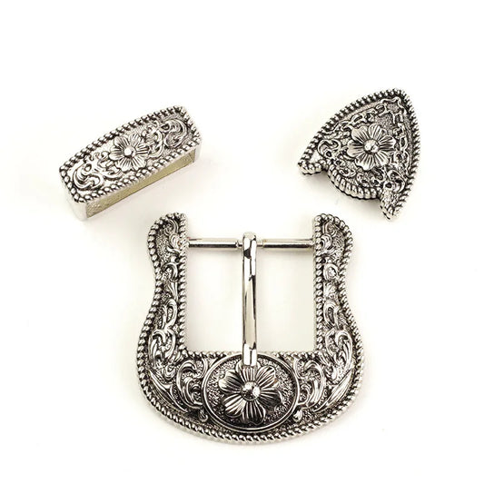 30mm Vintage Carved Leather Craft Belt Buckle Set - Antique Silver (3-Pcs)