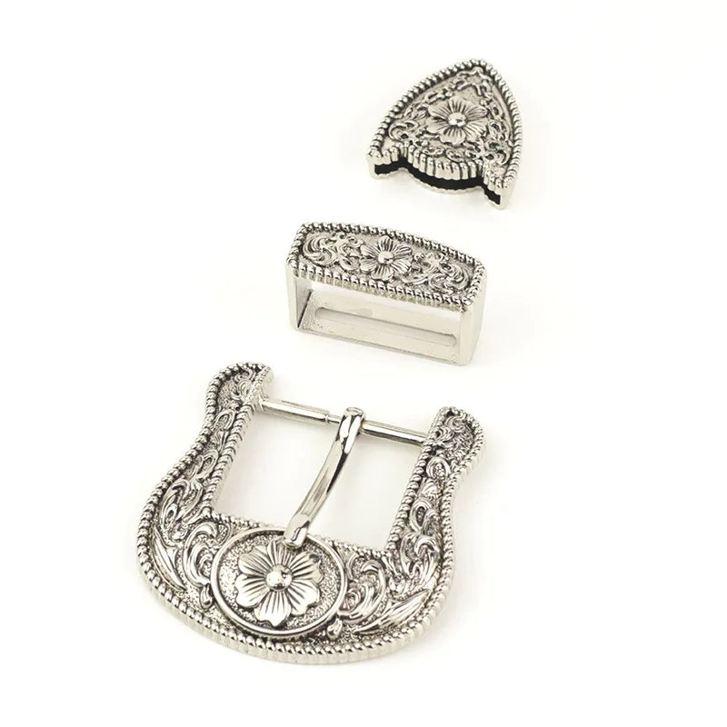 30mm Vintage Carved Leather Craft Belt Buckle Set - Antique Silver (3-Pcs)