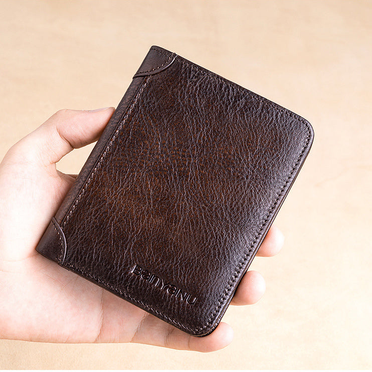 Men’s Short Leather Trifold Wallet, Large Capacity Top Layer Cowhide Horizontal Wallet