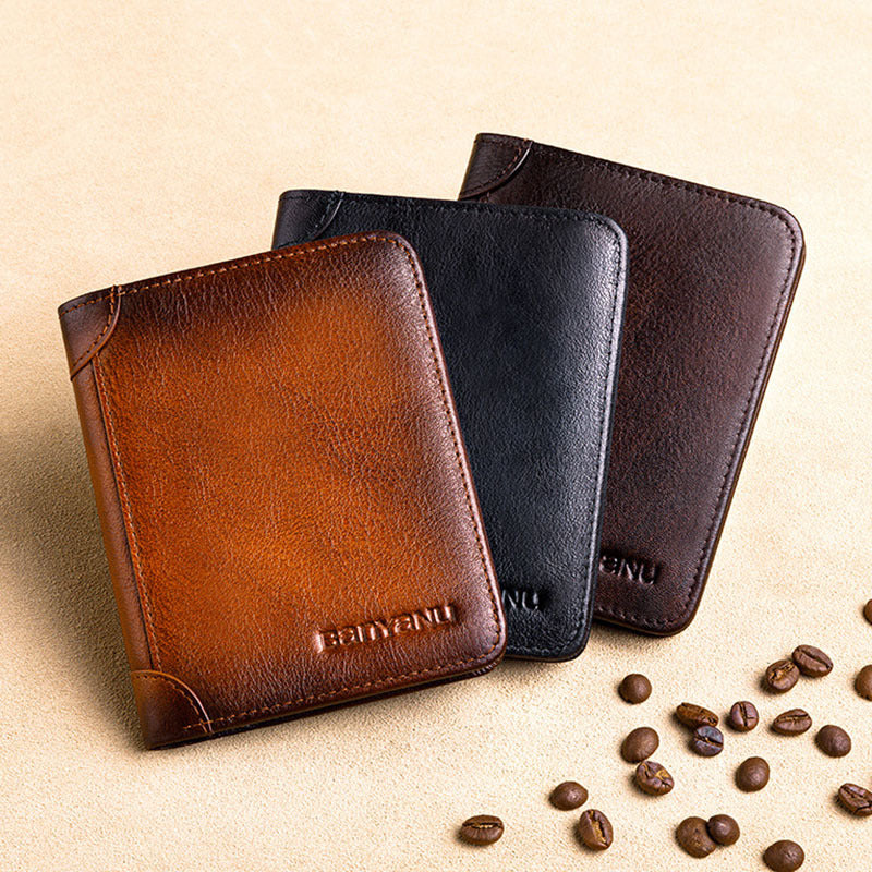 Men’s Short Leather Trifold Wallet, Large Capacity Top Layer Cowhide Horizontal Wallet