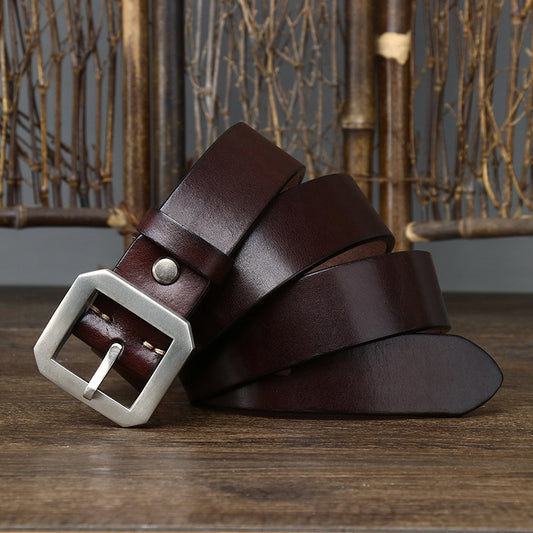 Thick Glossy Cowhide Belt with Steel Buckle