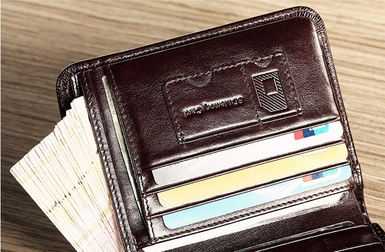 Men’s Genuine Leather Trifold Wallet – No Zipper, Coin Pocket, Slim & Compact Design in Black & Brown