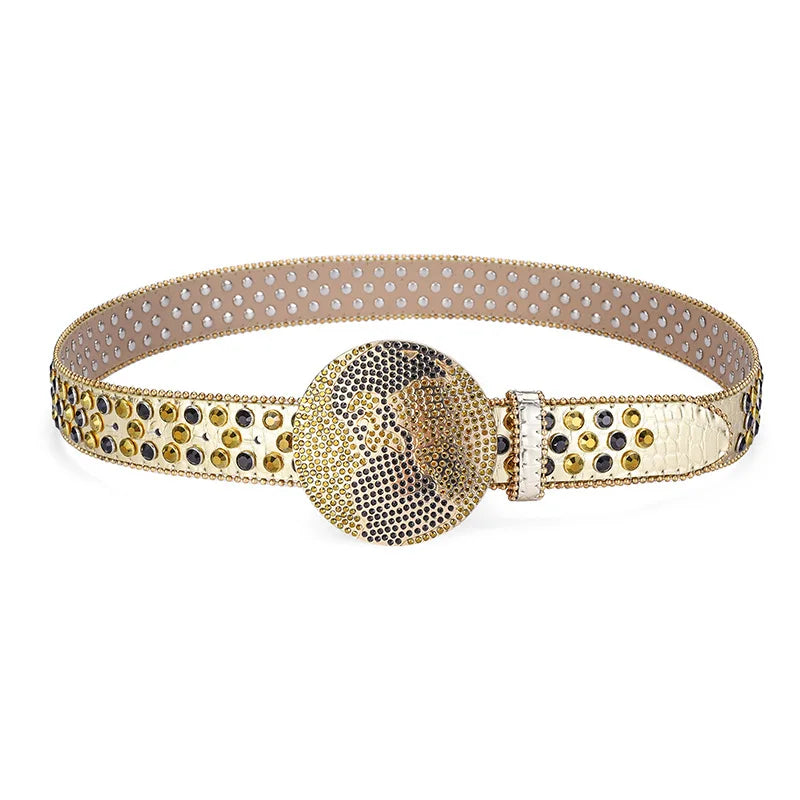Unisex Western Rhinestone Belt – Dazzling Crystal Round Buckle | PU Leather