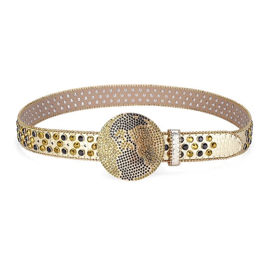 Unisex Western Rhinestone Belt – Dazzling Crystal Round Buckle | PU Leather
