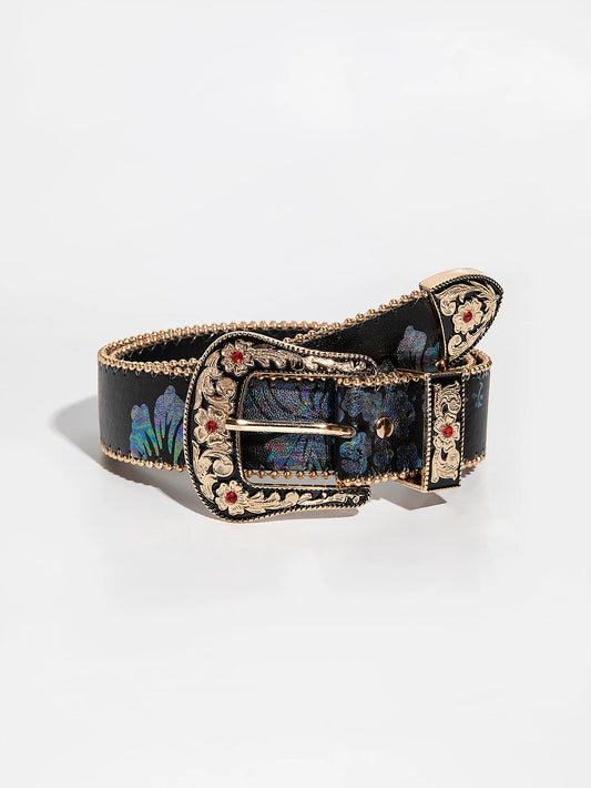 Women's Vintage Western Floral PU Leather Belt - Embossed & Embroidered