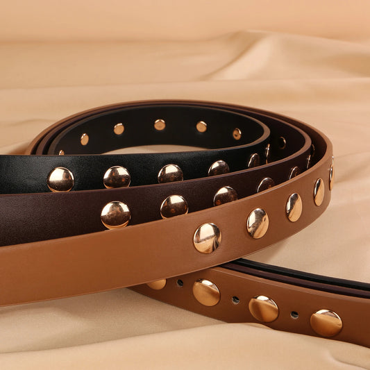Women's Studded Punk Western Leather Belt – Adjustable Waist for Jeans & Dresses