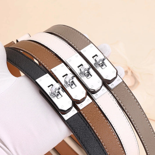 Women's Adjustable Western Brown Skinny Leather Belt with Gold Turn Lock Buckle