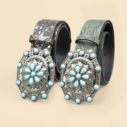 Western Cowgirl Engraved Leather Belt for Women Men – Gemstone Inlaid