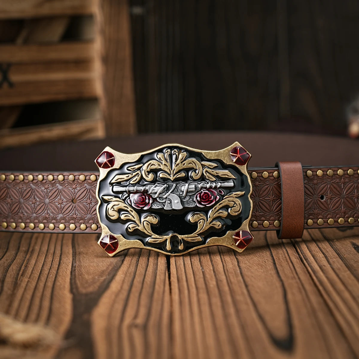 Unisex Vintage Western PU Leather Belt with Floral Carved Buckle for Jeans