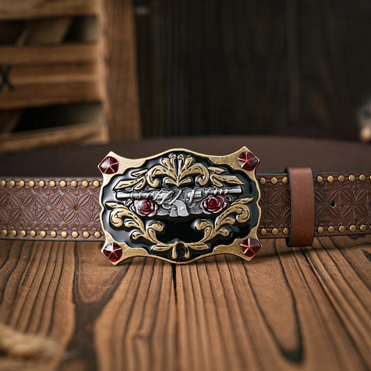 Unisex Vintage Western PU Leather Belt with Floral Carved Buckle for Jeans