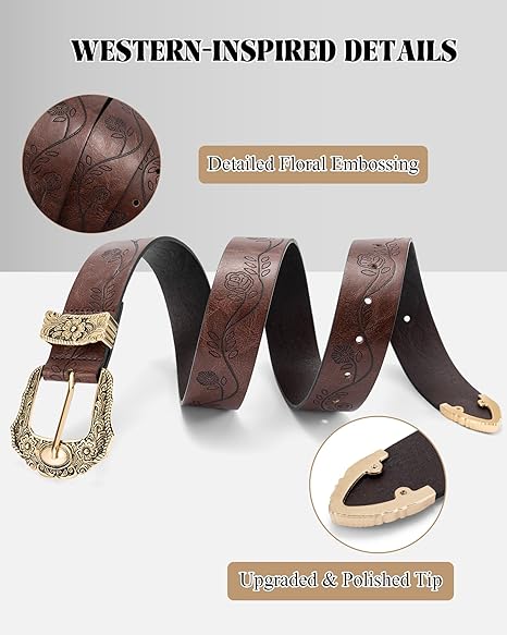 Women's Vintage Western Belt – Gold Floral Buckle