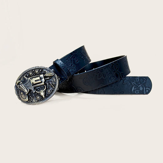Western PU Leather Belt for Men & Women – Floral Engraved with 3D Pewter Gun Buckle