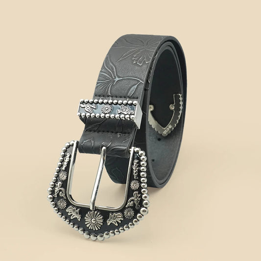 Women's Vintage Western Belt – Black Carved Buckle & Leaf Print