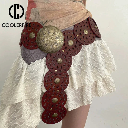 Vintage Western Metal Disc Waist Belt for Women's Dresses - Y2K Wide Fashion Band