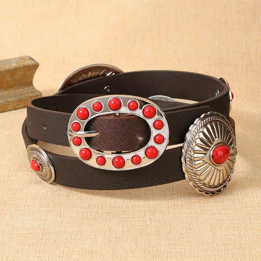 Women's Retro PU Leather Belt - Casual Western Style, Red/Black