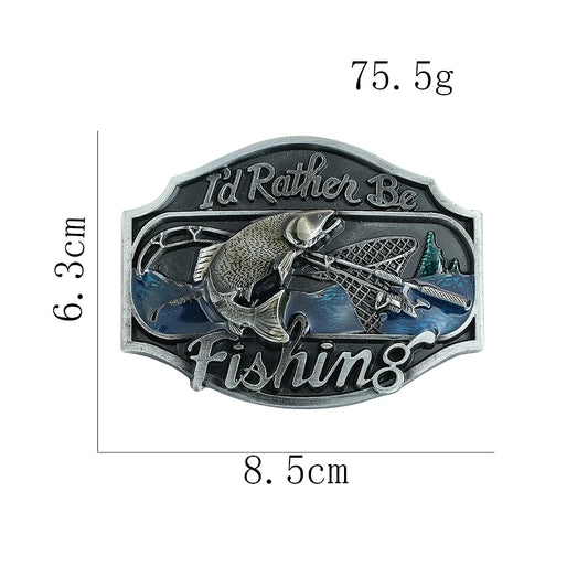 Western Cowboy "I'd Rather Be Fishing" Enamel Belt Buckle for Men