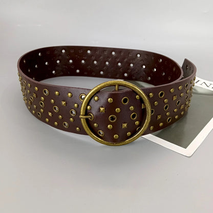 Women's Wide Vintage Studded PU Leather Belt – Y2K Western Style