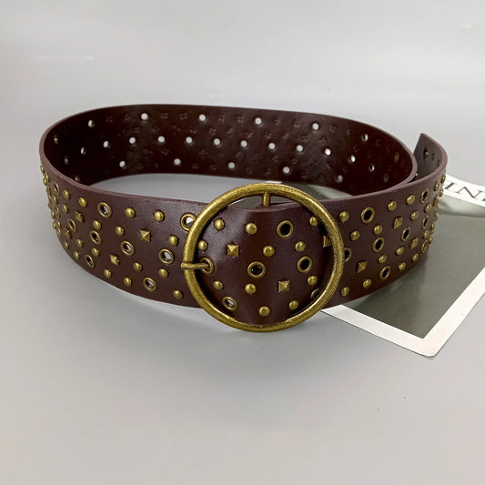 Women's Wide Vintage Studded PU Leather Belt – Y2K Western Style