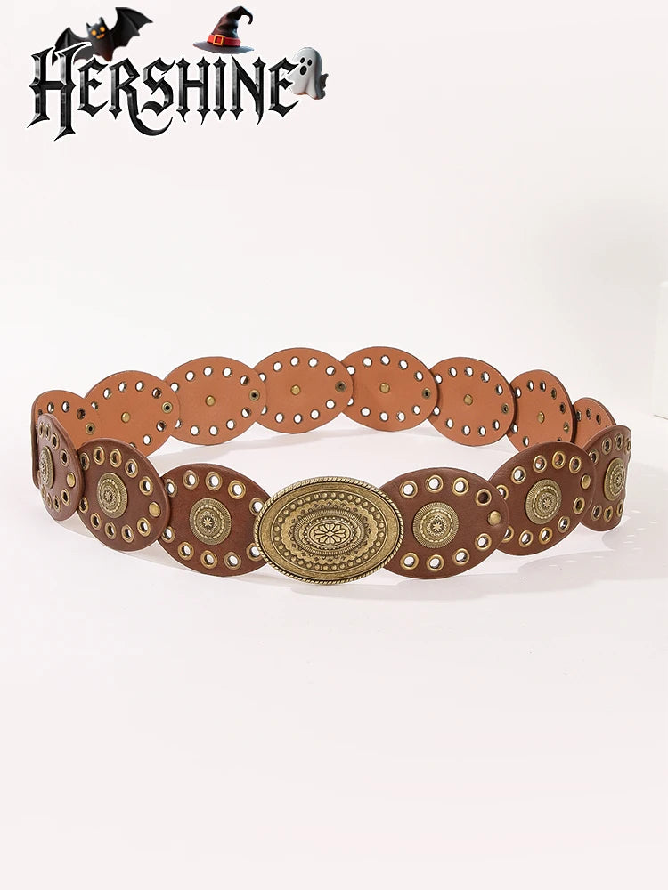 Women's Western Boho Wide Disc Belt - PU Leather Concho Cowgirl Waist Belt