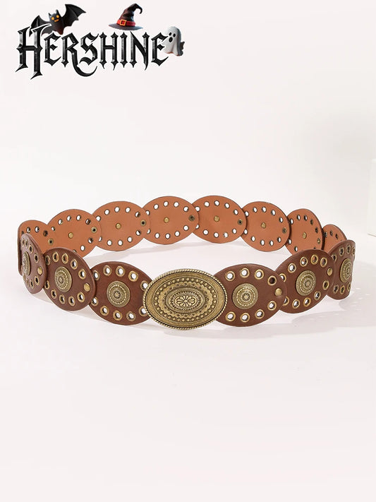 Women's Western Boho Wide Disc Belt - PU Leather Concho Cowgirl Waist Belt