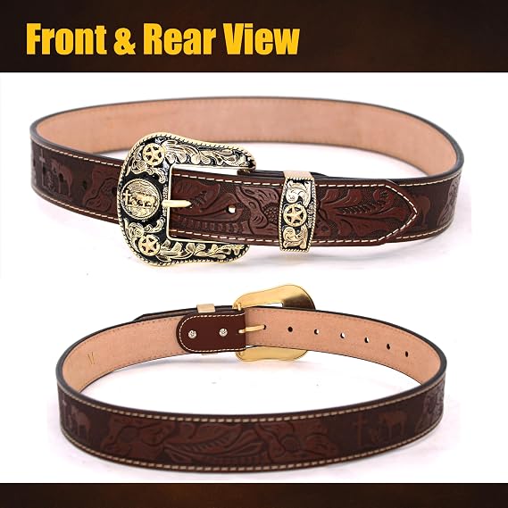 Genuine Leather Western Cowboy Belt – Engraved Buckle