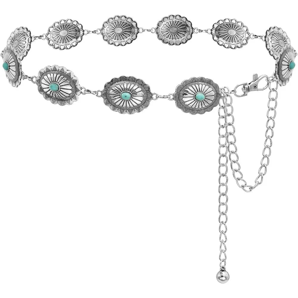 Women's Western Turquoise Concho Chain Belt - Adjustable Cowgirl Style