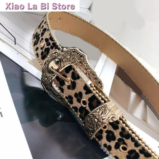 Women's Adjustable Western Dark Khaki Leopard Print PU Belt for Jeans & Dresses
