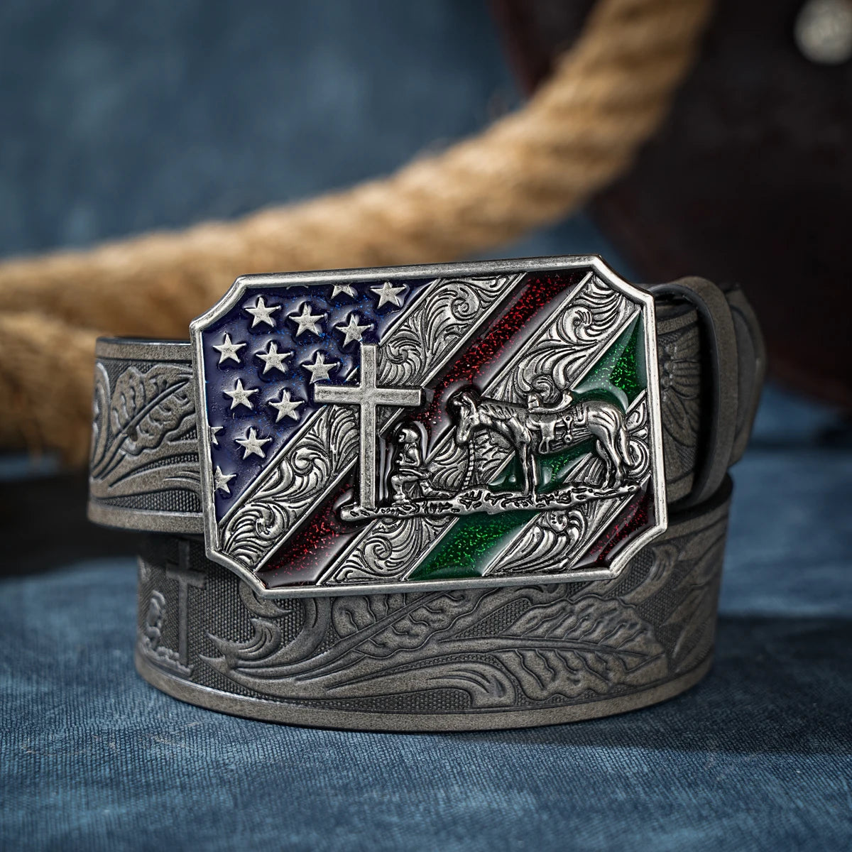 Western Cowboy PU Leather Belt with Horse & Floral Buckle for Men Women Jeans