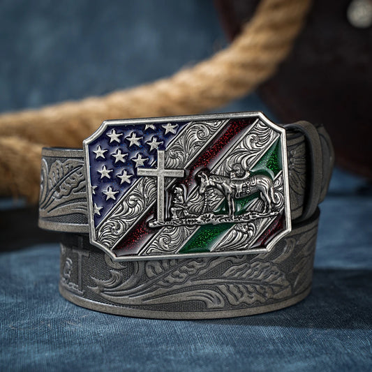 Western Cowboy PU Leather Belt with Horse & Floral Buckle for Men Women Jeans