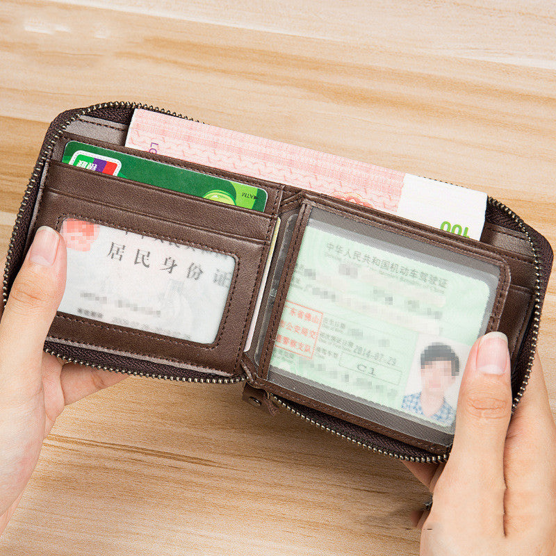 Men’s Short Leather Wallet – First Layer Cowhide, Zipper Design