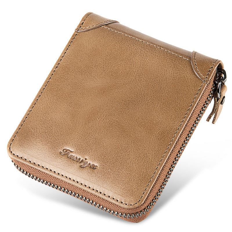 Men’s Short Leather Wallet – First Layer Cowhide, Zipper Design