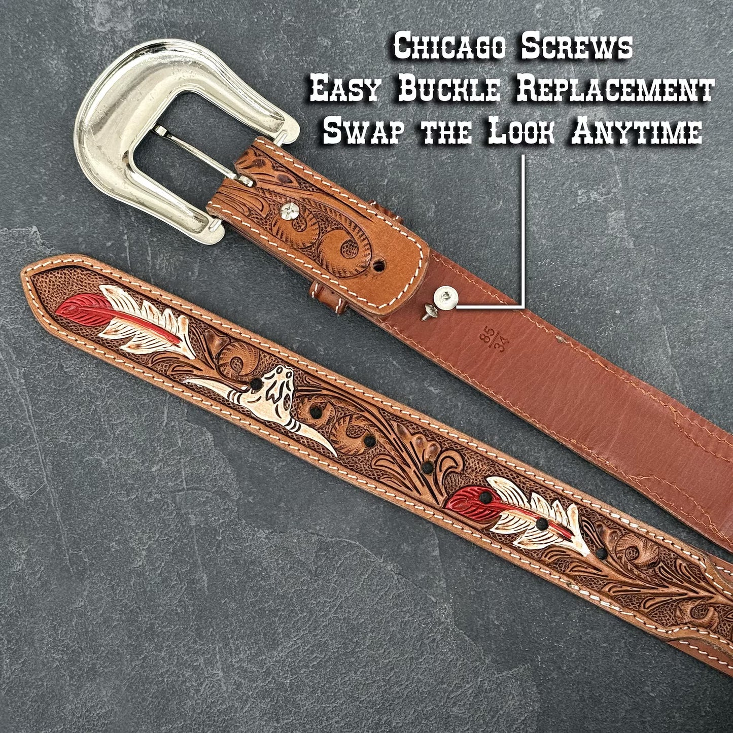 Southwestern Beaded Leather Belt – Longhorn & Feather Design