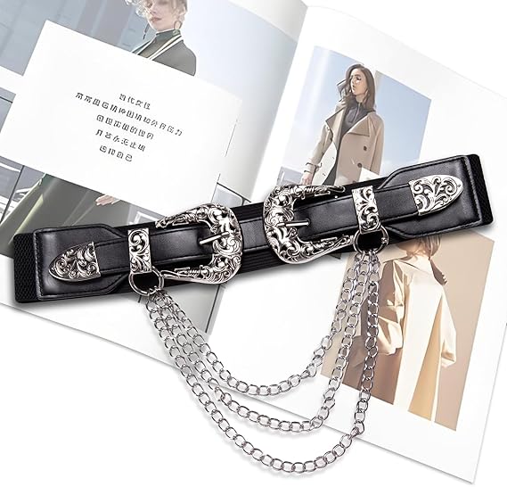 Women's Vintage Chain Leather Belt – Double Buckle
