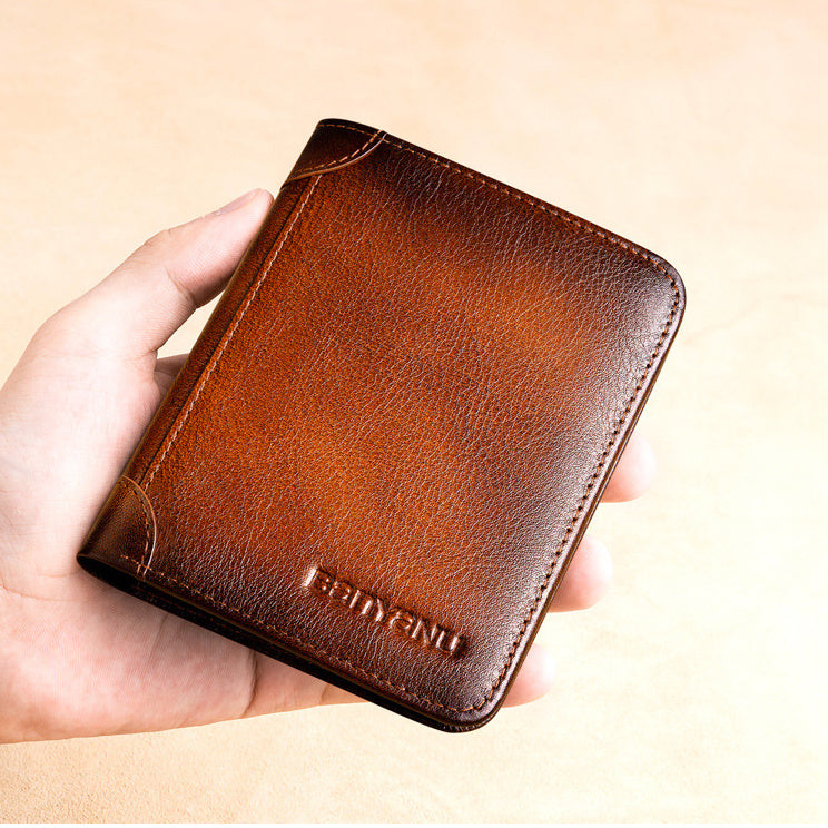 Men’s Short Leather Trifold Wallet, Large Capacity Top Layer Cowhide Horizontal Wallet