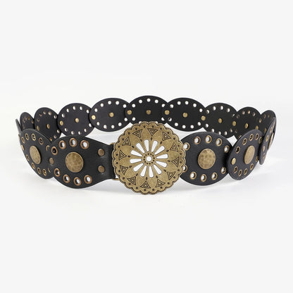 Women's Retro Western Wide Belt – Round Hollow Metal Buckle, PU Leather