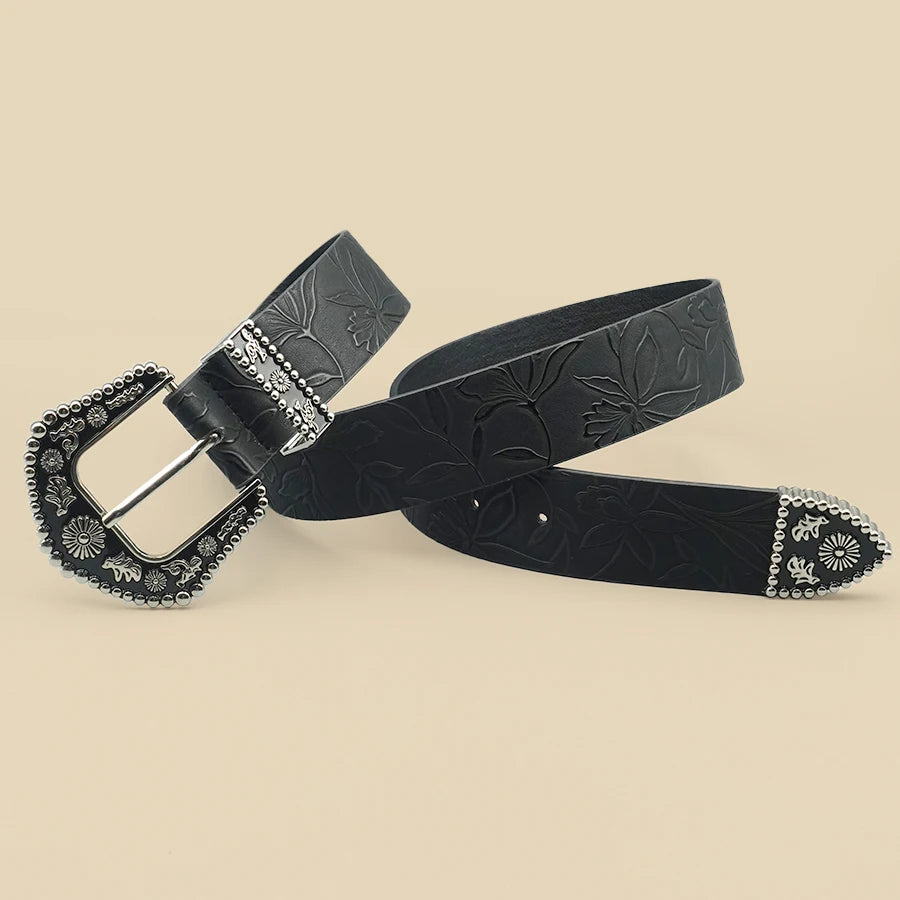 Women's Vintage Western Belt – Black Carved Buckle & Leaf Print