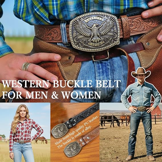 Western Belt with 3D Bald Eagle Buckle – Adjustable
