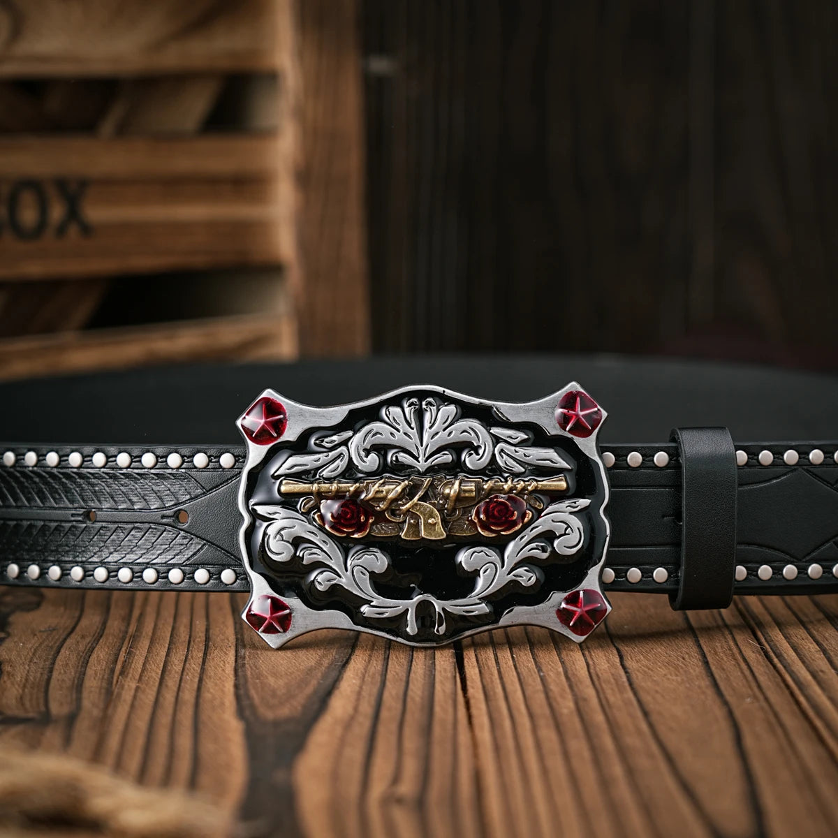 Unisex Vintage Western PU Leather Belt with Floral Carved Buckle for Jeans
