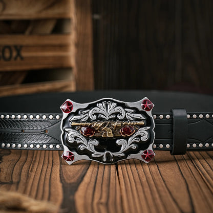 Unisex Vintage Western PU Leather Belt with Floral Carved Buckle for Jeans