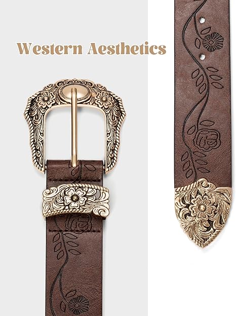 Women's Vintage Western Belt – Gold Floral Buckle