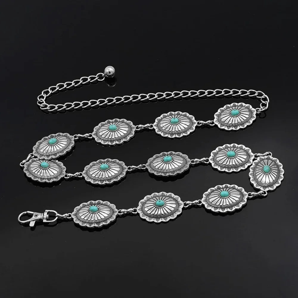 Women's Western Turquoise Concho Chain Belt - Adjustable Cowgirl Style