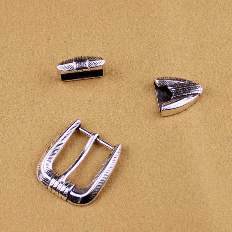 Western Cowboy Engraved 25mm Belt Buckle Set - Antique Silver 3-Piece