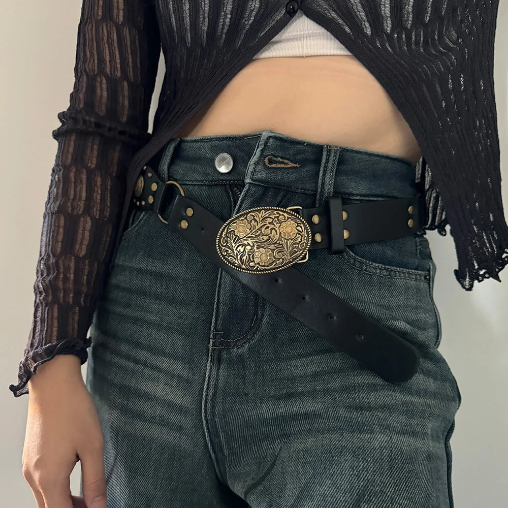 Western Cowgirl Belt for Women - Retro Y2K Spliced Round Buckle Jeans