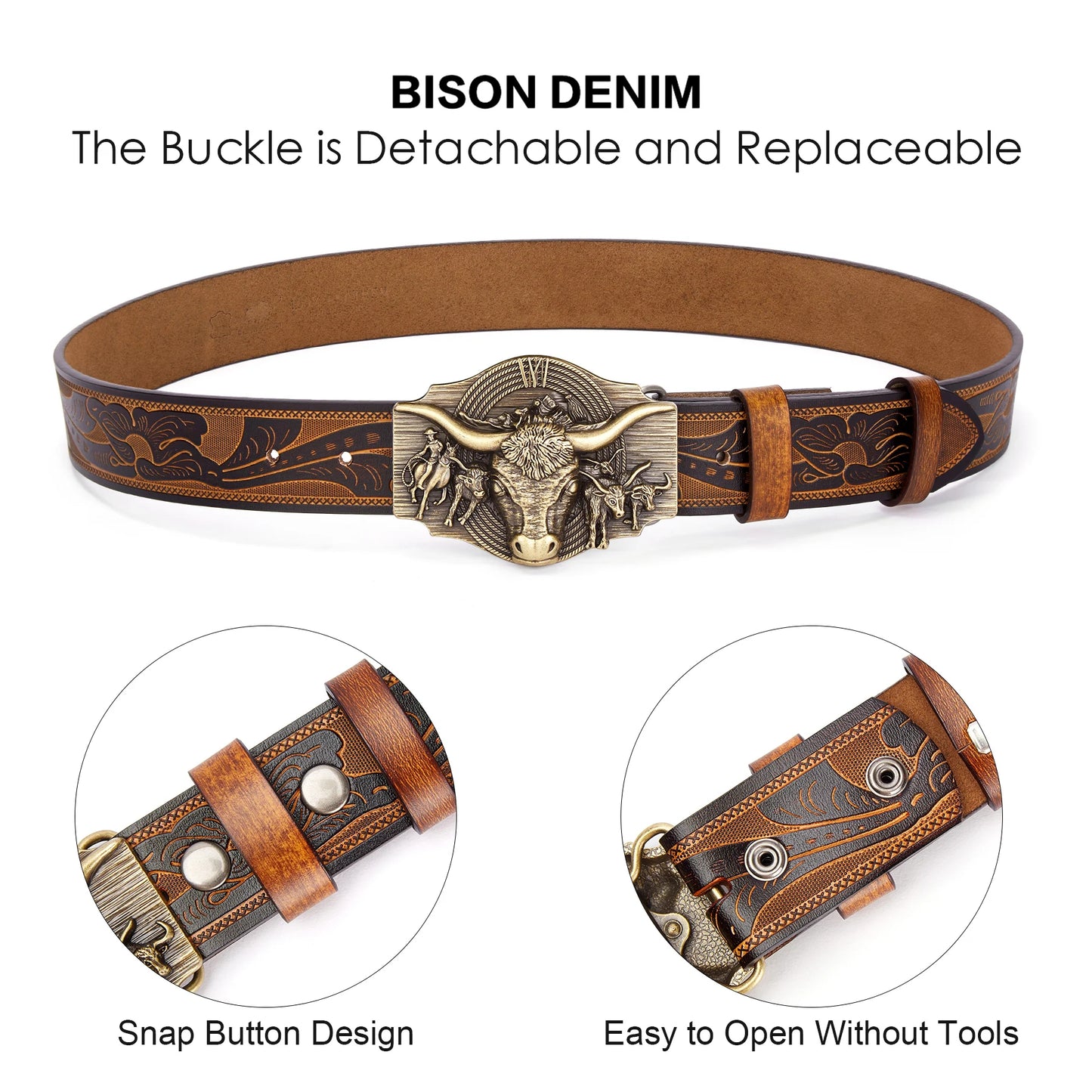 Bison Denim Men's Western Genuine Leather Belt – Longhorn Bull Buckle