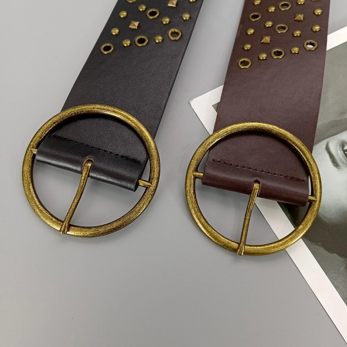 Women's Wide Vintage Studded PU Leather Belt – Y2K Western Style