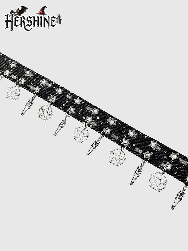 Women's Black Pentagram Eye Y2K Punk Western Leather Belt